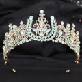 Golden Baroque bridal tiara with green crystal wheat ears on black silk background - KC Gold White & Green Jelly Rhinestone