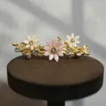 Detail view of floral alloy hair clip with pink rhinestones and size measurements - 6.5cm - Gold Base Pink Cream Artistic Flower Spring Clip