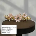 Detail shot of vintage pink floral hair clip with rhinestones and alloy spring clamp - 6.5cm - Gold Base Pink Artistic Flower Spring Clip