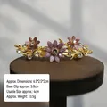 Detailed view of rhinestone flower hair clip with dimensions and purple petal textures - 6.5cm - Gold Base Purple Artistic Flower Spring Clip