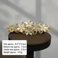 Detail of floral hair clip with light petals and rhinestones on golden alloy base - 6.5cm - Gold Base Beige Gray Curved Spring Clip