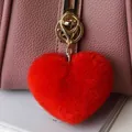 Faux rabbit fur heart plush keychain in bright red with golden lobster clasp for bags - No Keychain / Red