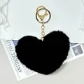 Porte-clés cœur mignon en fausse fourrure de lapin noire avec fermoir mousqueton doré - Noir