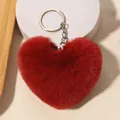 Porte-clés cœur en peluche rouge imitation fourrure de lapin avec anneau argent - Bordeaux