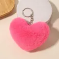 Porte-clés cœur en fourrure de lapin synthétique rose avec anneau argenté - Rouge pastèque
