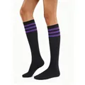 Women's black over-the-knee socks featuring three purple stripes at the ribbed top cuff - One Size / Black with Purple Stripes