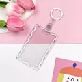 Transparent card holder with white wavy border and metal keychain hook on pink background - With Keychain Accessories / White