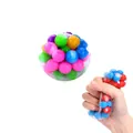 Stress relief squeeze ball with colorful beads inside showing round and squeezed shapes - 6cm Rainbow Bead Ball With 20 Beads (buy 12 And Get A Free Color Box)