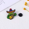 Cartoon cactus enamel pin with Mexican sombrero and guitar on artistic background - Zinc Alloy/Enamel / Anthropomorphic Cactus With Sombrero (CZ0271-2)
