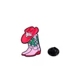 Pink cowboy boot enamel pin with red hat and green flame pattern on white background - Zinc Alloy/Enamel