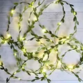 Solar powered ivy vine string lights with warm yellow LED beads for garden decoration - 2-meter 20-led Led Pack [with 2 Always-on Battery Compartment] / Small Green Leaf