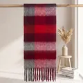 Detail of red and grey checkered mohair scarf with thick fringe on wooden hanger - 38cm x 239cm / New Color 11# (Red & Grey Plaid)