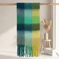 Detail of colorful checkered mohair scarf featuring long tassels and soft fluffy texture - 38cm x 239cm / New Color 4# (Green, Yellow & Navy Plaid)