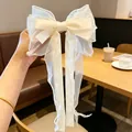 Elegant white organza bow hair clip with long ribbons and delicate pearl tassels - Pearl Style Spring Clip / Beige