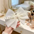 Elegant white oversized organza bow hair clip with pearl beads for girls and women - Pearl Organza Spring Clip / Off White