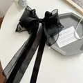 Elegant black double-layered bow hair clip with translucent organza and pearl details - Pearl Ribbon Bow / Black