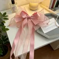 Pink pearlescent gauze hair clip with large bow and ribbons for girls with pearls - Pearl Ribbon Bow / Pink