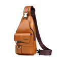 Vintage brown leather chest bag for men with adjustable shoulder strap and metal hardware - Classic Label / Tan