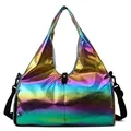 Iridescent rainbow holographic fitness bag with dual handles and long shoulder strap - Metallic Gold