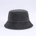 Detailed view of deep grey washed denim bucket hat with reinforced parallel brim stitching - Adjustable / Black