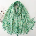 Lightweight bali yarn scarf with green floral plant patterns and decorative tassels - Green Herbal Print (SL2606-006)