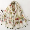 Off-white Bali yarn scarf with watercolor floral print and bi-color decorative tassels - Fresh Watercolor Floral (SL2606-005)