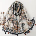 Ethnic floral print scarf in beige with navy blue patterns and fringe tassels - Blue & Brown Ethnic Floral (SL2606-008)