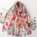Lightweight bali yarn floral scarf with colorful watercolor print and tassel trim - Red & Pink Freehand Floral (SL2606-010)