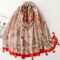 Paisley pattern Bali yarn scarf in orange and teal with decorative fringe tassels - Orange-Red Paisley (SL2606-011)