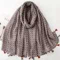 Floral print voile scarf with dual-tone tassels in grey-blue and orange hues - Gray-Blue & Orange-Brown Geometric (SL2606-002)