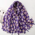 Lightweight purple voile scarf featuring white daisy floral prints and fringe tassels - Purple Daisy Floral (SL2606-001)
