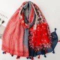 Floral paisley Bali yarn scarf with fringe tassels in red blue and white tones - Bohemian Patchwork (SL2606-003)