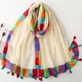 Lightweight cream voile scarf with colorful striped edges and vibrant tassels for spring - Colorful Striped Tassel (SL2606-004)