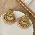 Vintage gold plated earrings with hollow discs and pink-orange teardrop beads - Silver Needle-set Diamond Round Acrylic Tassel Pendant Earrings