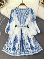 Bohemian white and blue floral V-neck maxi dress with puff sleeves and belt - S / White