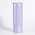 Detail view of 20oz purple iridescent laser finish tumblers with clear plastic sealing lids - 20oz / Rainbow Purple