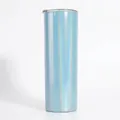 Detail of 20oz slim tumbler featuring a holographic light blue finish and clear lid - 20oz / Rainbow Light Blue