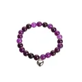 Macro detail of 8mm pink zebra jasper beads and silver heart charm on elastic bracelet - 8mm / Purple Jade