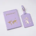 Detail of lavender PU leather passport holder and luggage tag set with gold map embossing - Luggage Tag / Purple