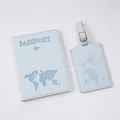 Detail of light blue textured world map passport cover and luggage tag with metal buckle - Azure Blue