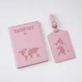 Pink PU leather passport holder and luggage tag set with embossed world map and plane icon - Pink