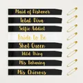 Set of 8 satin bachelorette party sashes in white and black with gold safety pins - One Size 160*9.5cm / 8-piece Set / Black & White