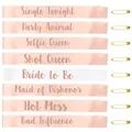 Set of 8 rose gold and white satin sashes with Bride to Be text and gold safety pins - 8-Piece Rose Gold Set Rose Gold Ink