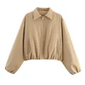 Detail van kaki cropped pufferjack met reverskraag en metalen ritssluiting - S / Khaki