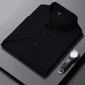 Men's solid black ice silk short sleeve polo shirt on a premium grey display stand - Black
