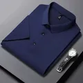 Men's dark blue ice silk polo shirt with short sleeves and breathable cooling fabric - Navy Blue