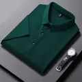 Detail of dark green ice silk polo shirt featuring buttons and a stylish wristwatch - Green