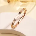 Polished rose gold stainless steel bracelet with sparkling rhinestones and clover engraving - 19# Four-leaf Clover With Diamonds - Rose Gold Sz662