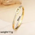 Gold plated stainless steel open bangle with crystal buckle and LOVE engraving - 83# Gold Sz459