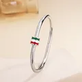 Silver-tone stainless steel cuff bracelet with tricolor enamel and crystal side inlay - 105# Slim Waist With Oil Drops - Steel Color Sz030